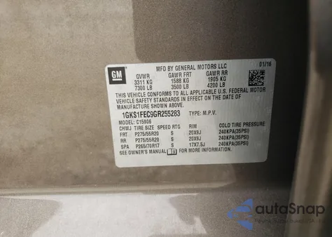 2016 GMC Yukon Xl C1500 Sle z USA, uszkodzony, nr VIN 1GKS1FEC9GR255283